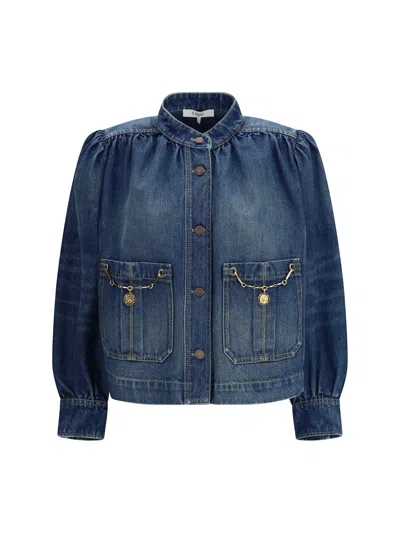 Chloé Blue Jacket With High Neck And Chain Detail On The Front In Denim Woman
