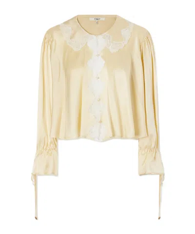 Chloé Gathered Lace-trimmed Silk-satin Blouse In Yellow