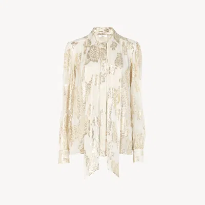 Chloé Blouse Lavallière Froncée En Jacquard De Soie Et Lurex Femme Blanc Taille 40 100% Soie, Pinctada Max In White