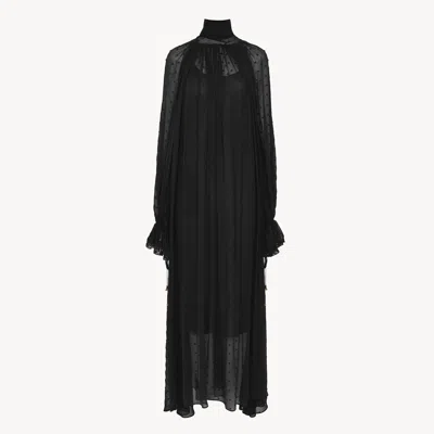 Chloé Turtleneck Long-sleeve Swiss Dot Silk Maxi Dress In Black