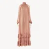 Chloé Gathered Long Dress In Silk Mousseline Pink Size 6 100% Silk