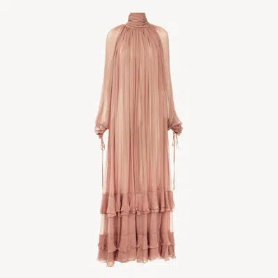 Chloé Gathered Long Dress In Silk Mousseline Pink Size 6 100% Silk