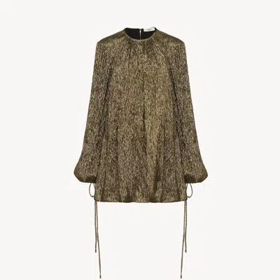 CHLOÉ GATHERED MINI DRESS IN SILK CRÊPON BLACK SIZE 6 71% SILK, 29% METALLIC POLYESTER
