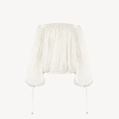 CHLOÉ TOP FRONCÉ À ÉPAULES DÉNUDÉES EN JACQUARD DE SOIE ET LUREX FEMME BLANC TAILLE 38 56% SOIE, 44% POLYE
