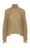 Chloé Gathered Silk Georgette Cape Top In Khaki
