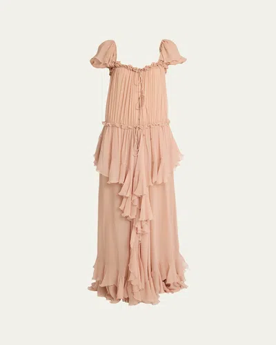 CHLOÉ GATHERED RUFFLE ORGANIC SILK MOUSSELINE GOWN