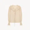 CHLOÉ GATHERED RUFFLE TOP IN COTTON VOILE BROWN SIZE 14 100% COTTON