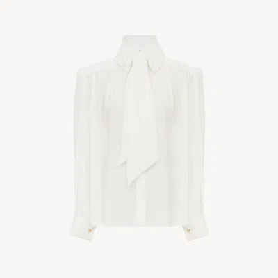 CHLOÉ GATHERED SCARF-TIE BLOUSE IN CRÊPE DE CHINE & LACE WHITE SIZE 4 100% SILK, PINCTADA MAXIMA, FARMED, 