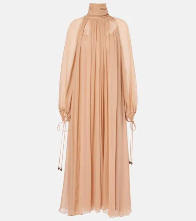 Chloé High-neck Tie Long-sleeve Silk Gown In Beige