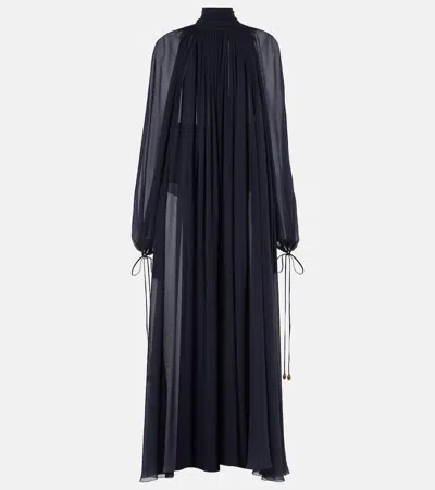 Chloé Turtleneck Long-sleeve Swiss Dot Silk Maxi Dress In Black