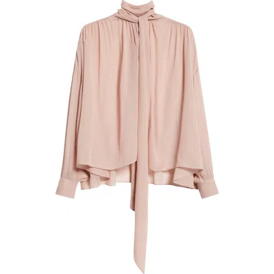 Chloé Gathered Tie Neck Long Sleeve Organic Silk Top In Dusty Beige