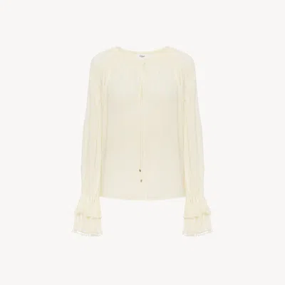 Chloé Silk Georgette Gathered Top With Lace Trim In White