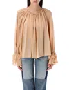Chloé Blouse Fluide Volantée En Georgette De Soie Femme Brun Taille 40 100% Soie, Pinctada Maxima, Farmed, In Sand Brown