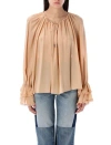Chloé Pleated Sheer Blouse Ruffled Cuffs In Sand Brown