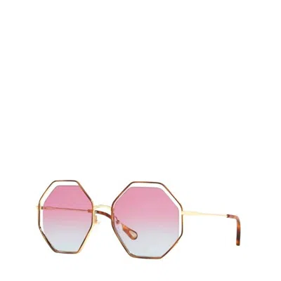 Chloé Geometric Metal Sunglasses With Purple Gradient Lens In Havana/gold In Pink