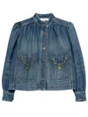 Chloé Women Blue Jacket With High Neck And Chain Detail On The Front In Denim Woman In Blue