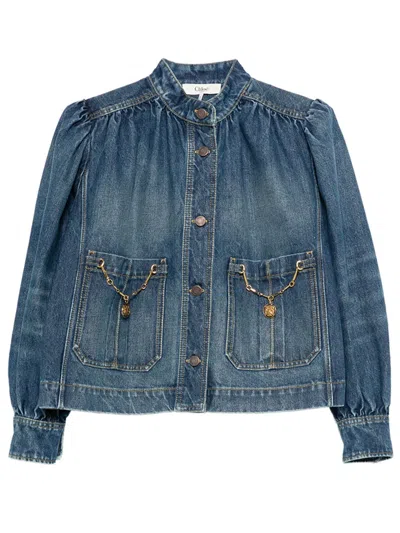 CHLOÉ GIACCA ARRICCIATA A COLLO ALTO IN DENIM