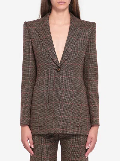 Chloé Slim Fit Plaid Wool Tailored Jacket In Brown