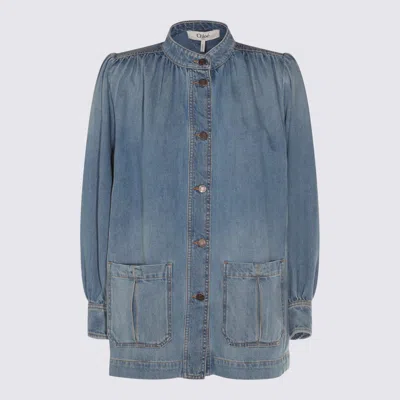 Chloé Long High Neck Gathered Denim Jacket In Iced Blue