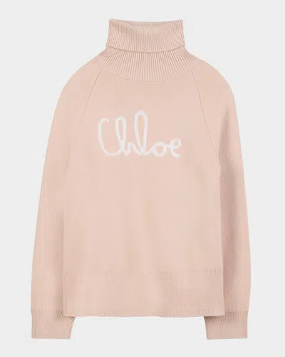 CHLOÉ GIRL'S CURSIVE TOPSTITCH TURTLENECK SWEATER
