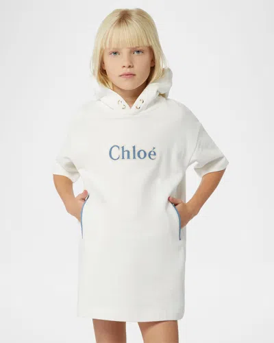 Chloé Kids' Girl's Denim Embroidered Logo-print Denim Dress In Off White
