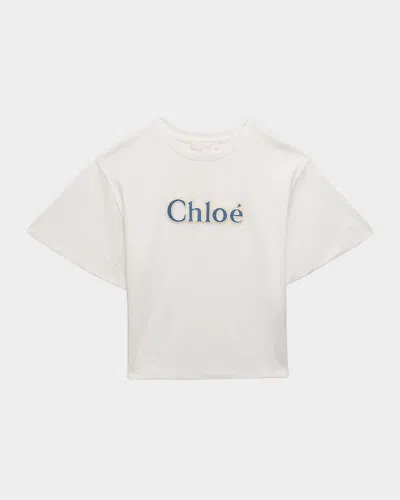 Chloé Kids' Girl's Denim Embroidered Logo-print T-shirt In Off White