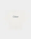 Chloé Girl's Denim Embroidered Logo-print T-shirt In Off White
