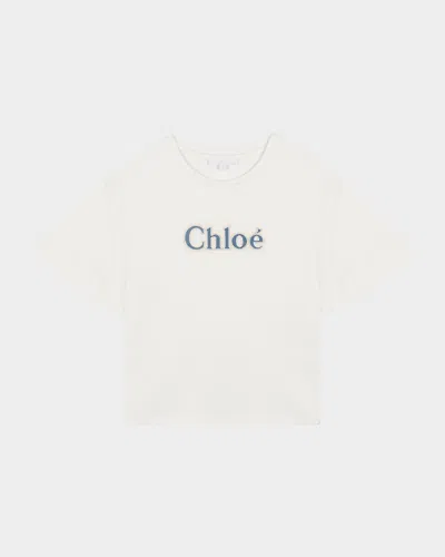 Chloé Kids' Girl's Denim Embroidered Logo-print T-shirt In Off White