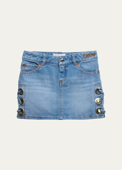 Chloé Kids' Girl's Denim Skirt With Grommets In Bleach