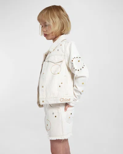 Chloé Kids' Girl's Embellished Denim Jacket In White