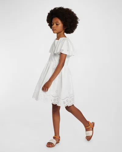 Chloé Kids' Girl's Embroidered Cotton Poplin Dress In Off White