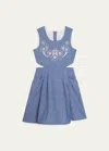 CHLOÉ GIRL'S EMBROIDERED CUTOUT CHAMBRAY DRESS