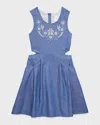 CHLOÉ GIRL'S EMBROIDERED CUTOUT CHAMBRAY DRESS