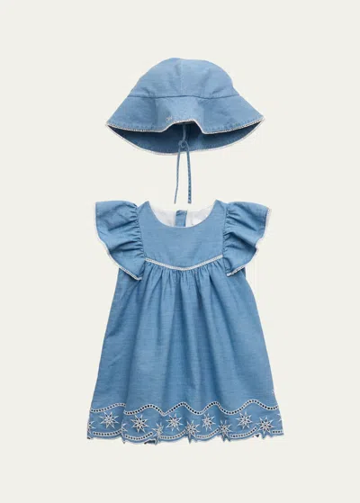 Chloé Kids' Girl's Embroidered Denim Two-piece Set In Denim Blue