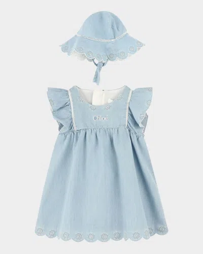Chloé Kids' Girl's Embroidered Dress & Hat Set In Blue