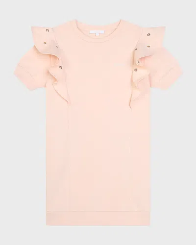 Chloé Kids' Girl's Embroidered Logo-print Dress W/ Ruffle Trim In 45f-pale Pink