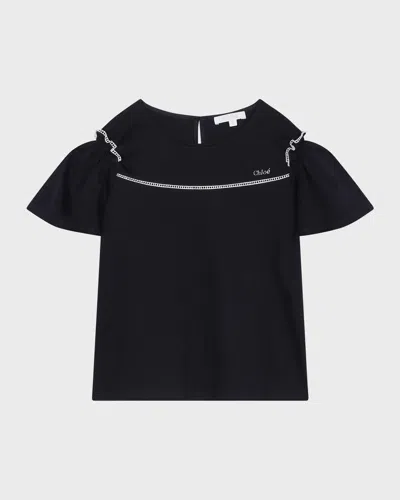 Chloé Kids' Girl's Embroidered Logo-print Top In 859-navy