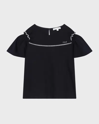 Chloé Kids' Girl's Embroidered Logo-print Top In Blue