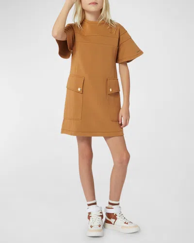 Chloé Girl's Engraved Logo-print Dress In Chocolate Brown
