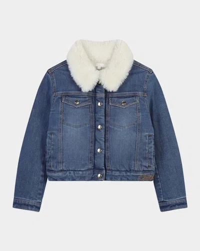 Chloé Kids' Girl's Faux Shearling Collared Denim Jacket In Denim Blue