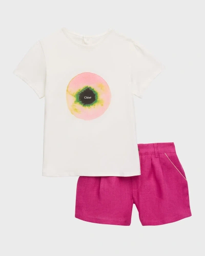 Chloé Kids' Girl's Fusion Linen Short Two-piece Set In White/pink