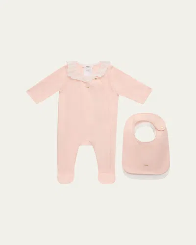 Chloé Kids' Girl's Lace-trim Cotton Babygrow & Bib Set In Pink