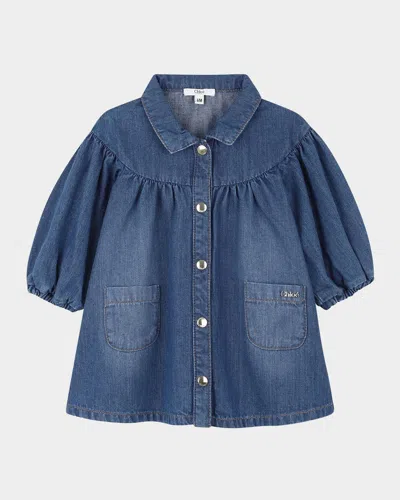 Chloé Kids' Girl's Long-sleeve Denim Dress In Blue