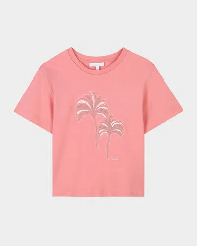 Chloé Kids' Girl's Palm Tree Embellished Tee In Rasberry