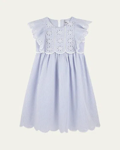 CHLOÉ GIRL'S PIN-STRIPED FLORAL EMBROIDERED DRESS