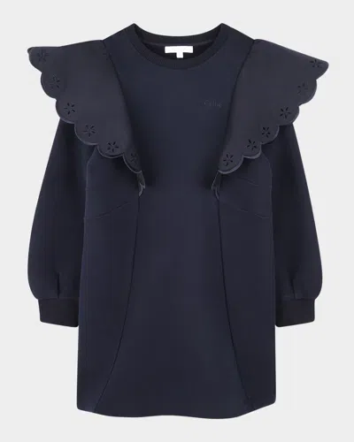 Chloé Kids' Girl's Scalloped Embroidered Dress In Navy