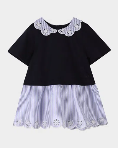 CHLOÉ GIRL'S SHORT-SLEEVE EMBROIDERED COMBO DRESS