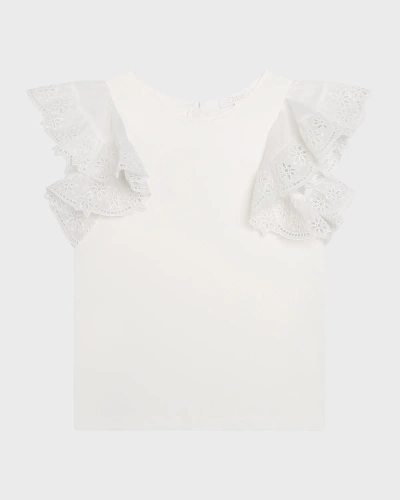 Chloé Kids' Girl's Star Embroidred Ruffle T-shirt In Off White