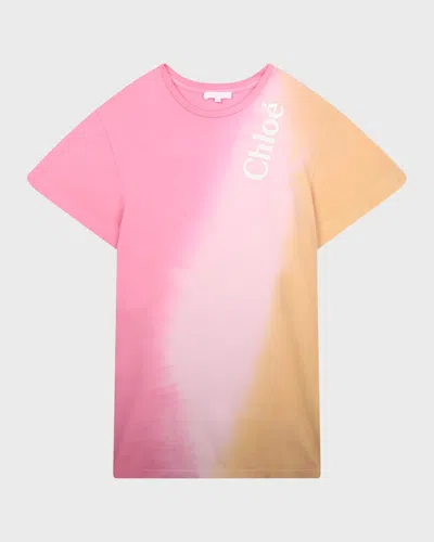 Chloé Kids' Girl's Tie-dye Logo-printed Dress In Pink/yellow