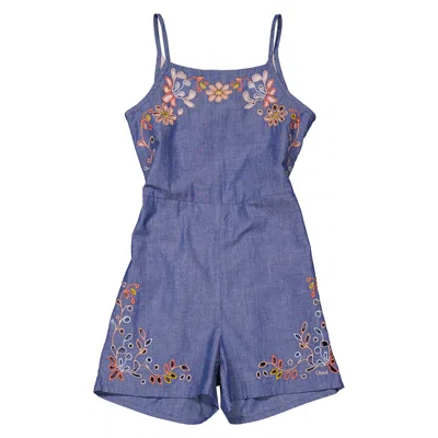 Chloé Kids' Chloe Girls Chambray Cotton Floral-embroidered Denim Romper In Metallic
